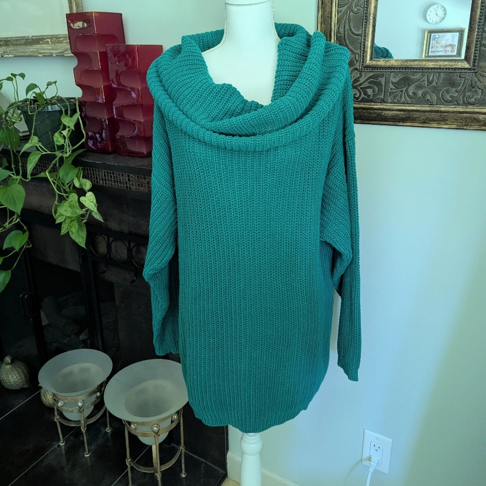 Vintage 90s Extreme Cowl Neck Chunky Sweater Women's M/L Loose Teal Green